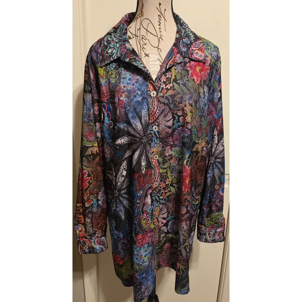 John Mark Mixed Print Satin Point Collar Roll Tab Sleeve Button Front Blouse 1X